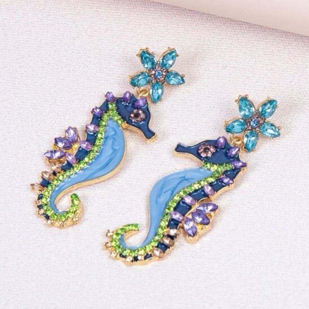Summer Bohemian Ocean Blue Crystal Rhinestone Seahorse Flower Drop Earrings - Picture 4 of 7